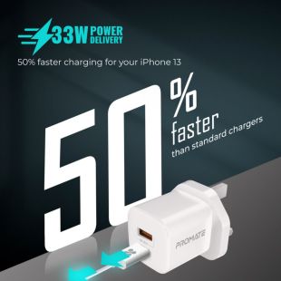 شاحن حائط 33 واط تقنية GaNFast مع منفذ  USB-C وUSB-A وشحن PD قوة 33 واط من Promate