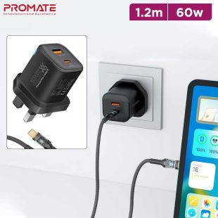 Wall Charger with Type-C and USB Ports plus 1.2m 60W Type-C Cable 25W by Promate