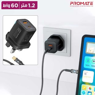 شاحن حائط 25 واط منفذ Type-C ومنفذ USB مع كيبل Type-C قوة 60 واط 1.2 متر من Promate
