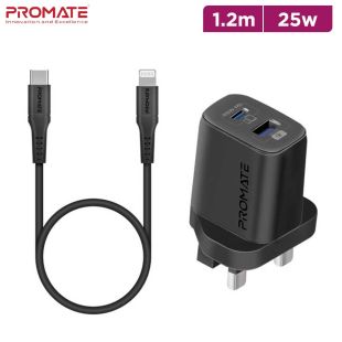 Wall Charger with Type-C and USB Ports plus 1.2m Type-C to Lightning Cable 25W by Promate