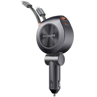 شاحن سيارة بمنفذ USB-C ومنفذ USB-A مع كابل USB-C وكابل Lightning قابلين للسحب بقوة 88 واط من Promate