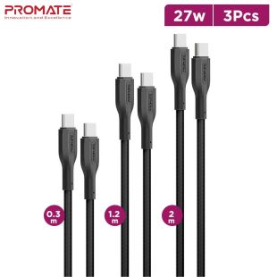 3Pcs 60W Fast Charging Type-C to Type-C Cable Kit 0.3m 1.2m 2m by Promate