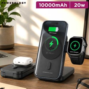 Powerology 10000mAh Qi2 MagSafe Power Bank with Watch Charger and Folding Stand 20W - Black