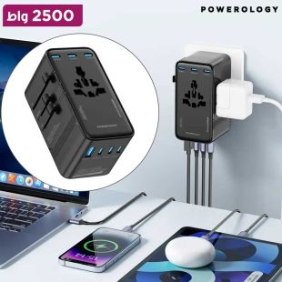 محول سفر عالمي Spetrova بتقنية GaN بقوة شحن 205 واط و7 منافذ USB ومقبس 2500 واط - أسود من Powerology