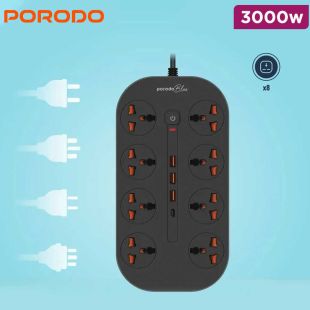 Porodo Blue 3000W Universal Power Strip with 8 AC Sockets and 4 USB Ports