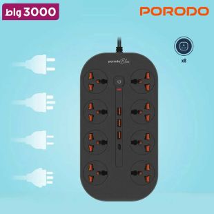 وصلة إشتراك كهربائي عالمي Blue بقوة 3000 واط مع 8 مقابس AC و4 منافذ USB من Porodo