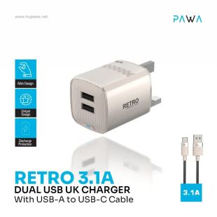 شاحن حائط منفذ USB-A مزدوج مع كيبل USB-A إلى USB-C قوة  3.1 أمبيرمن Pawa