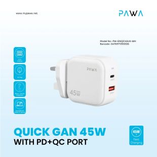 شاحن GaN حائط 45 واط بمنفذ USB-C ومنفذ USB-A من Pawa