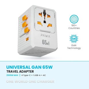 65W Universal GaN Travel Adapter with 4 Type-C + 1 USB-A + AC Socket by Pawa