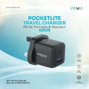 شاحن حائط Pocketlite GaN بمنفذ USB-C ومنفذ USB-A من Pawa