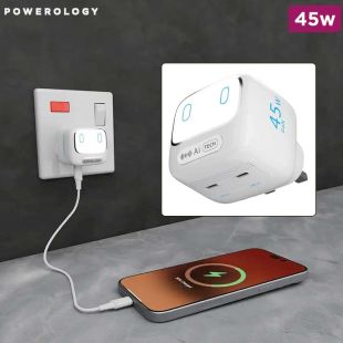 Powerology Lumix 45W Dual USB-C GaN AI Power Charger with Voice-Controlled Light - White