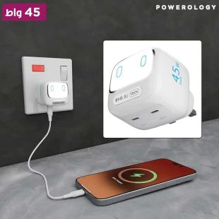 شاحن Lumix GaN AI ثنائي USB-C بقوة 45 واط مع إضاءة تعمل بالأوامر الصوتية - أبيض من Powerology