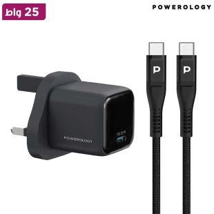 شاحن حائط Volt-X Mini بتقنية GaN قوة 25 واط مع كابل USB-C إلى USB-C - أسود من Powerology
