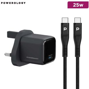 Powerology Volt-X 25W Mini GaN Wall Charger with USB-C to USB-C Cable - Black