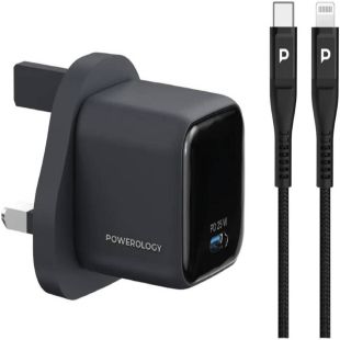 شاحن حائط Volt-X Mini بتقنية GaN بقوة 25 واط مع كابل USB-C إلى Lightning - أسود من Powerology