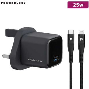 Powerology Volt-X 25W Mini GaN Wall Charger with USB-C to Lightning Cable - Black