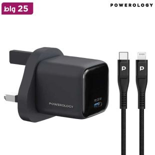 شاحن حائط Volt-X Mini بتقنية GaN بقوة 25 واط مع كابل USB-C إلى Lightning - أسود من Powerology