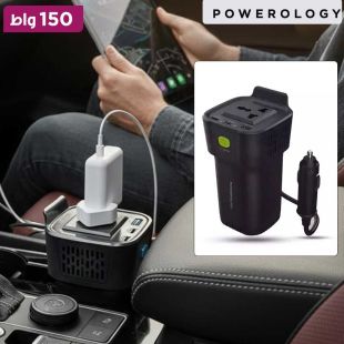 محول طاقة 150 واط لقاعدة أكواب السيارة مع منافذ USB-C PD من Powerology