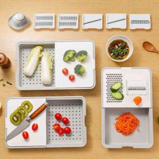 Multifunctional Vegetable Cutter and Peeler with Storage Tray and 5 Replaceable Blades