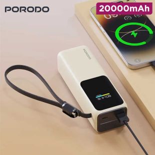 Porodo Smart Display Power Bank 20000mAh with Built-In Type-C Cable - Beige