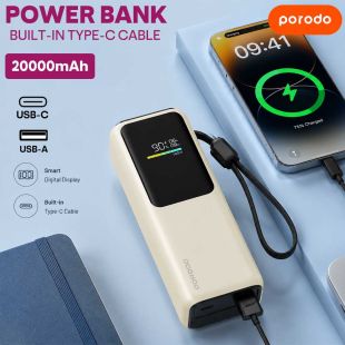 20000mAh Power Bank 100W PD with USB-C, USB-A and Built-in Type-C Cable by Porodo