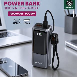 10000mAh Power Bank 20W PD with USB-C, USB-A and Built-in Type-C Cable by Green Lion