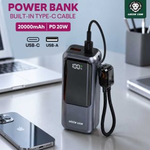 10000mAh Power Bank 20W PD with USB-C, USB-A and Built-in Type-C Cable by Green Lion
