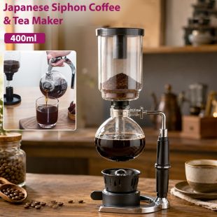 Japanese Siphon coffee and tea maker 400ml with heat-resistant glass, stainless steel base, and alcohol burner for vacuum brewing - Sheeel Kuwait