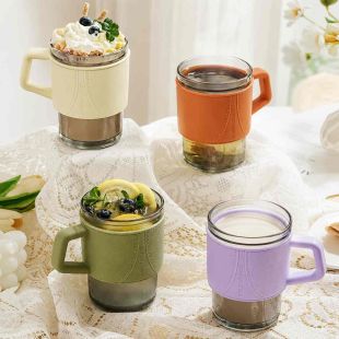 Glass Cup with Leather Pattern Sleeve and Handle 420ml