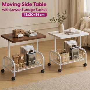 Moving side table with lower storage basket, durable wood top, and metal frame measuring 43 x 30 x 54 cm - Sheeel Kuwait Offers