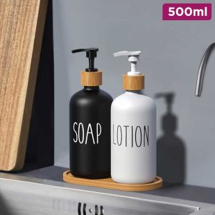 500ml Glass Hand and Dish Soap Dispenser Set of 2 with Bamboo Tray