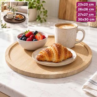 Round Serving Tray with Wood Grain Pattern and Raised Rim