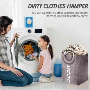 سلة غسيل قماش كتان قابلة للطي مع حلقة مقبض من الألمنيوم سعة 75 لتر