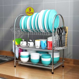 3-Tier Stainless Steel Dish Drying Rack with Mug Holder