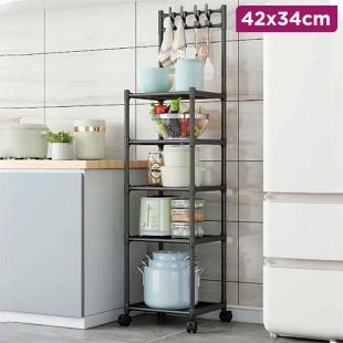 5 Tier Steel Storage Rack with Adjustable Height and Wheels 42×34cm