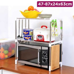 Expandable Stainless Steel Microwave Rack with Side Hooks 47-87×24×63cm
