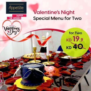 Valentines Night Special Menu for 2-persons at Appetite Restaurant and Café