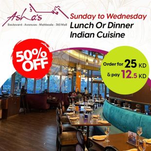 Enjoy 50% OFF on Lunch or Dinner Menu from Sunday to Wednesday at Asha's Restaurant 