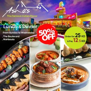 Enjoy 50% OFF on Lunch or Dinner Menu from Sunday to Wednesday at Asha's Restaurant