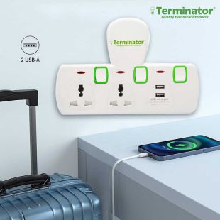 مقبس كهربائي عالمي من Terminator مزود بمنفذي USB - أبيض