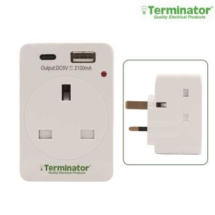 TMA 183A-2UACBrand: TerminatorModel: TMA 183A-2UACDescription: 3 Way UK Socket Multi AdaptorCountry of Origin: China3 Way UK Socket Multi Adaptor with 2 USB (A & C Type) 2.1A, Indicator and 13A Fused Plug