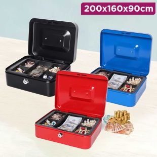 Metal Cash Box with Money Tray and Lock 200 x 160 x 90 mm