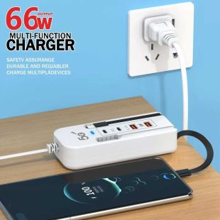 66W Fast Charger with 4 Ports and Built-in USB-C and Lightning Cables
