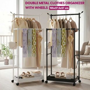 Double Metal Clothes Organizer with Wheels 155 × 27.5 × 57 cm