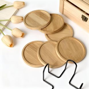 6Pcs Round Bamboo Coasters with Iron Stand