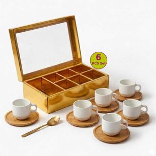 6Pcs Ceramic Cups and 6Pcs Bamboo Saucers Set