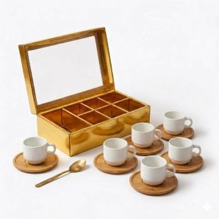 6Pcs Ceramic Cups and 6Pcs Bamboo Saucers Set