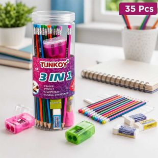 3-in-1 School Stationery Set with Pencils, Erasers and Sharpeners