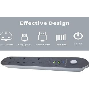 اشتراك كهرباء 3 مخارج مع منفذي USB + منفذ Type-C بطول 3 متر 2500 واط من Deep Power
