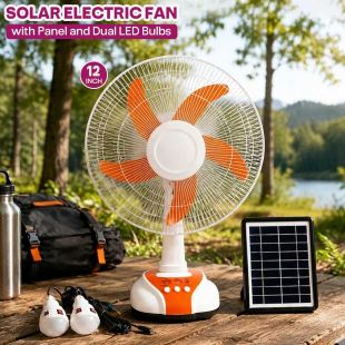 12 inch Solar Electric Fan with Panel and Dual LED Bulbs